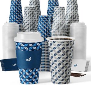 16 oz Coffee Cups with Lids 200 Pack, Disposable Hot Paper Coffee Cups with Lids, Sleeves and Stirrers for Thanksgiving, Christmas, Parties
