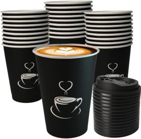 50 Pack 12oz Coffee Cups with Lids: Disposable Black Coffee Cup Sturdy to Go Leak-Proof Paper Containers Set for Hot and Cold Beverage, Home, Office