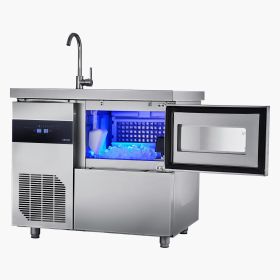 Commercial Ice Maker Machine, 132 lbs/24H Stainless Steel Worktop Ice Machine with Sink, 30 lbs Storage & 70 Cubes/Cycle