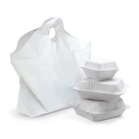 500 Pack Wave Handle Take-Out Food Bags 18" L, 16" H, 9 x 9 Bottom Size. White Color. Merchandise Bags, Retail Shopping Goodie Plastic Bags