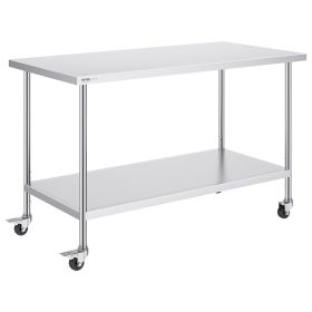 Stainless Steel Work Table 30 x 60 x 38 Inch, with 4 Wheels, 3 Adjustable Height Levels