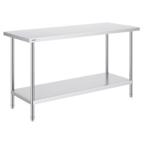 Stainless Steel Prep Table, 24 x 60 x 34 Inch, 840 lbs Load Capacity, Heavy Duty Metal Worktable with 3 Adjustable Height Levels