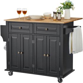 Kitchen Island Cart, 43" Wood Top Mobile Carts with Storage Cabinet, Rolling Table with Drop Leaf, Spice Rack, Towel Bar, Adjustable Shelf, Drawer