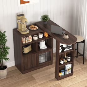 Modern Bar Cabinet with Rotating top, Counter Height Dining Cabinet with 6 Storage space and 2 Ribbed Glass Door for Kitchen
