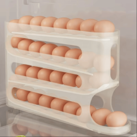 4 Tier Sliding Egg Storage Container – Large Capacity Fridge Organizer, Ladder-Style Auto-Rolling Egg Tray for Refrigerator Door (Color: Transparent)